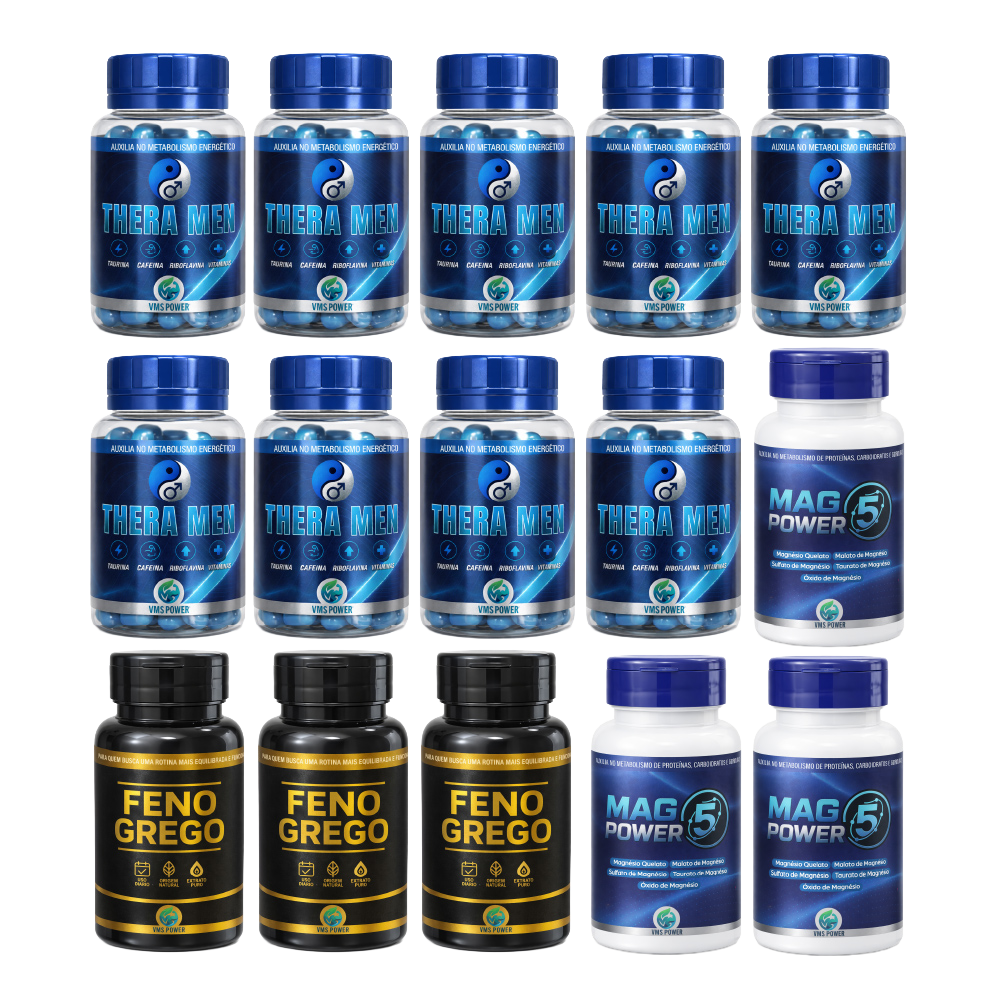 COMBO - VITALIDADE & EQUILÍBRIO (9 THERA MEN + 3 FENO GREGO VMS POWER + 3 5 MAGNESIO VMS POWER)